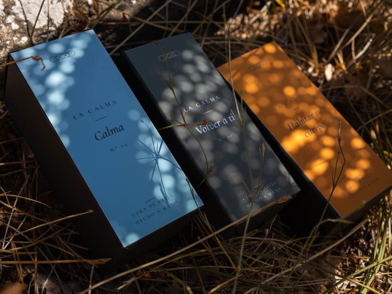 Three boxes — Calma, Volver a ti and Habitar tu cuerpo — on dry grass in dappled sunlight